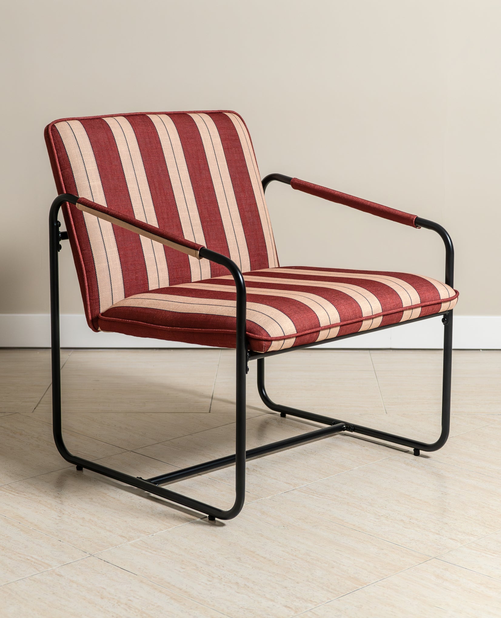 Berria Armchair Metal & Striped Fabric (Crimson Sand) - Marcel Olsen