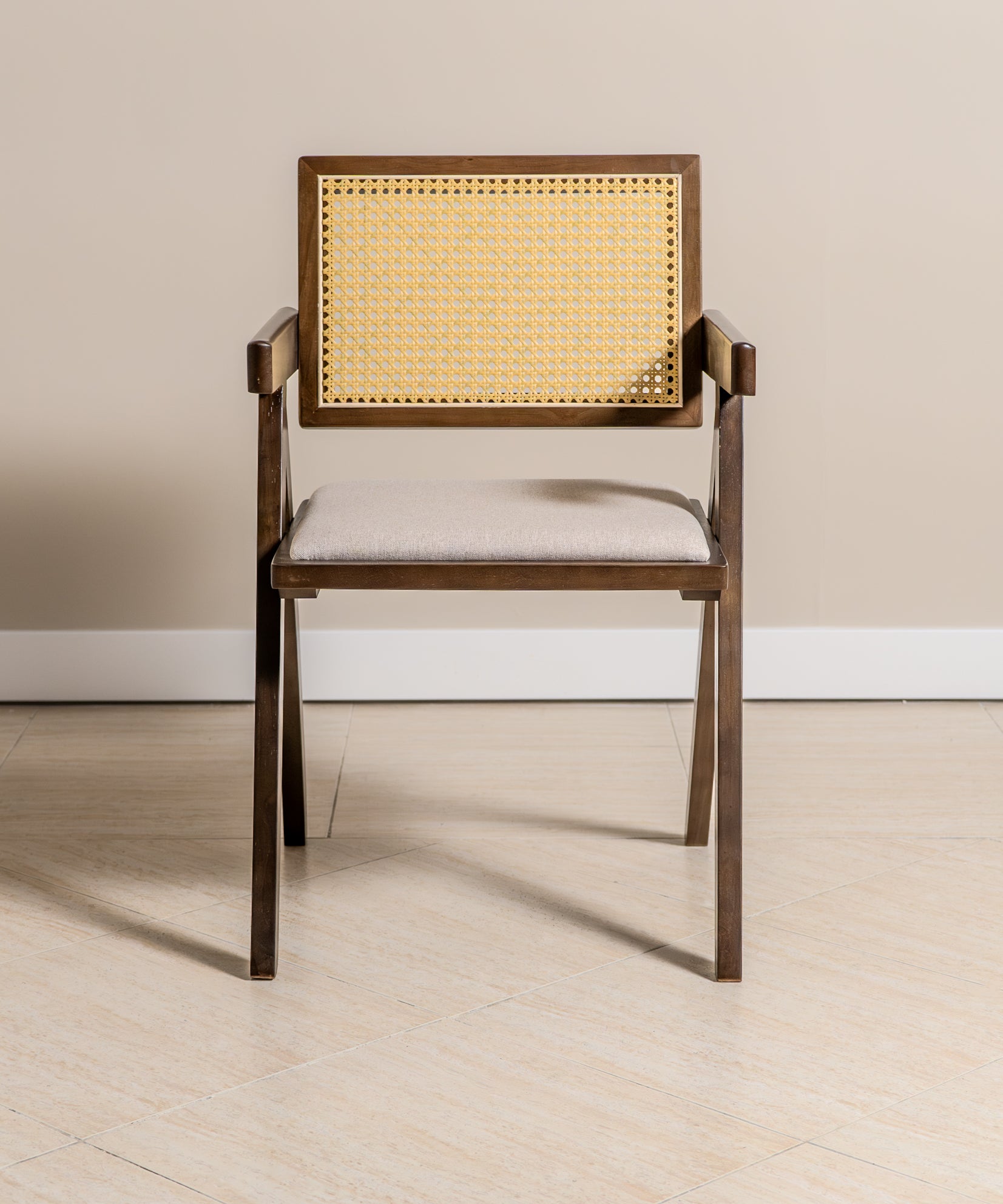 Chiva Rattan & Wood Dining Chair (Chestnut) - Upholstered & Armrests - Marcel Olsen