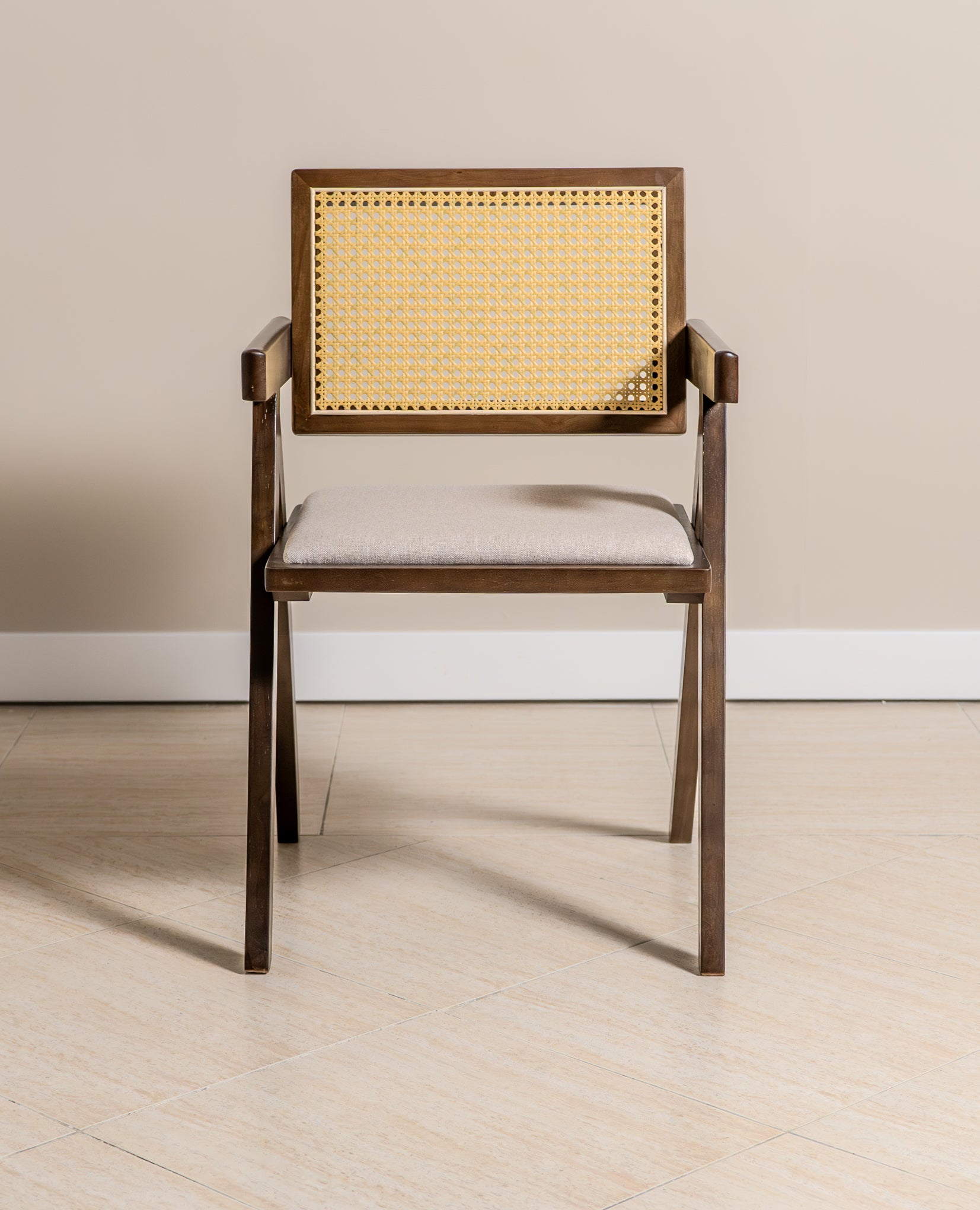 Chiva Rattan & Wood Dining Chair (Chestnut) - Upholstered & Armrests - Marcel Olsen