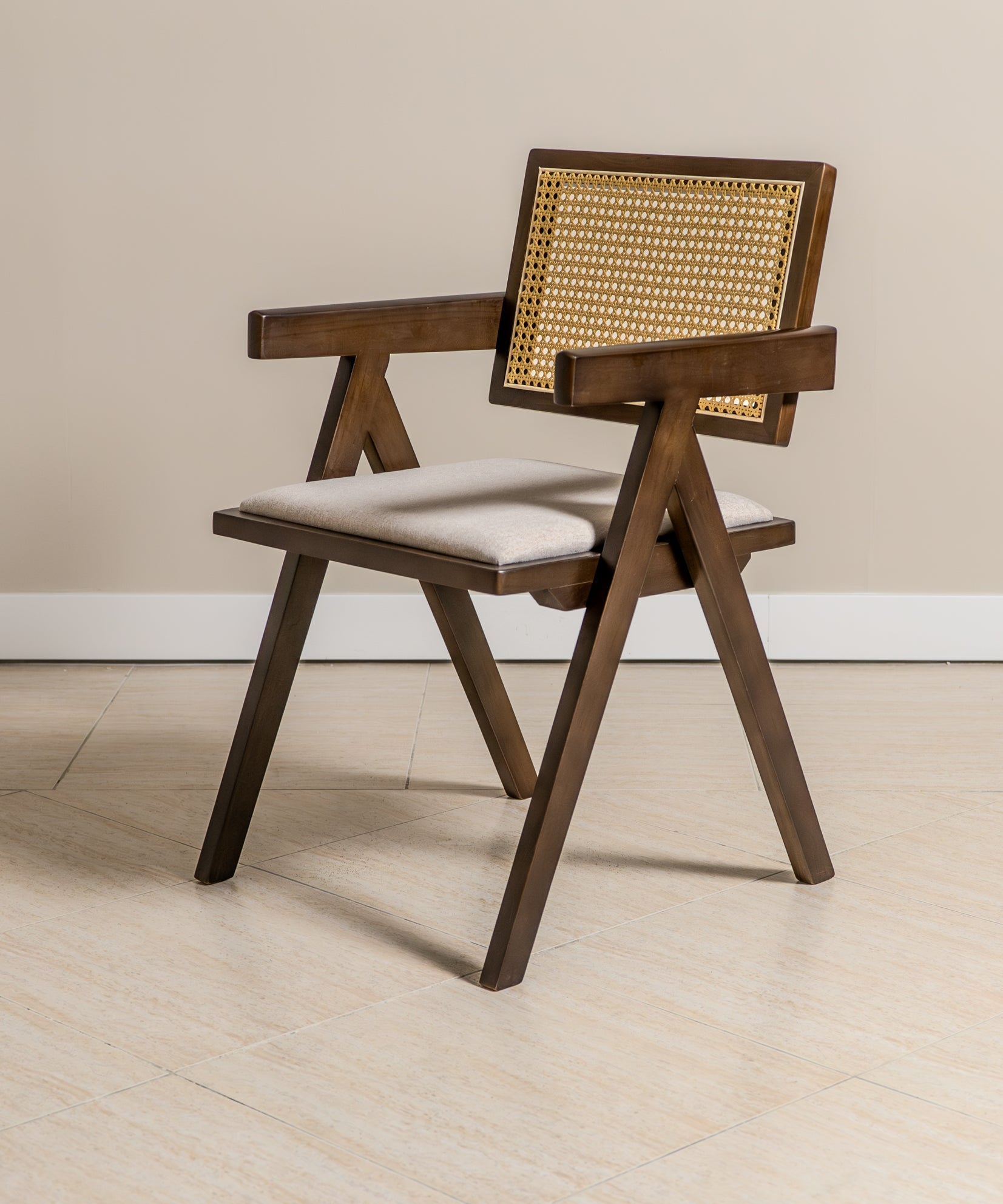 Chiva Rattan & Wood Dining Chair (Chestnut) - Upholstered & Armrests - Marcel Olsen