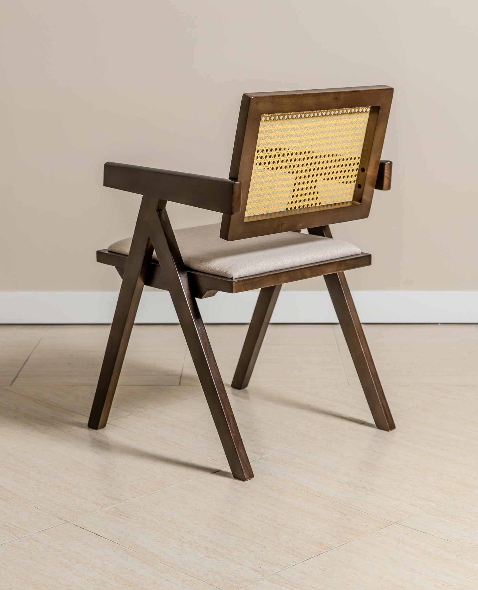 Chiva Rattan & Wood Dining Chair (Chestnut) - Upholstered & Armrests - Marcel Olsen