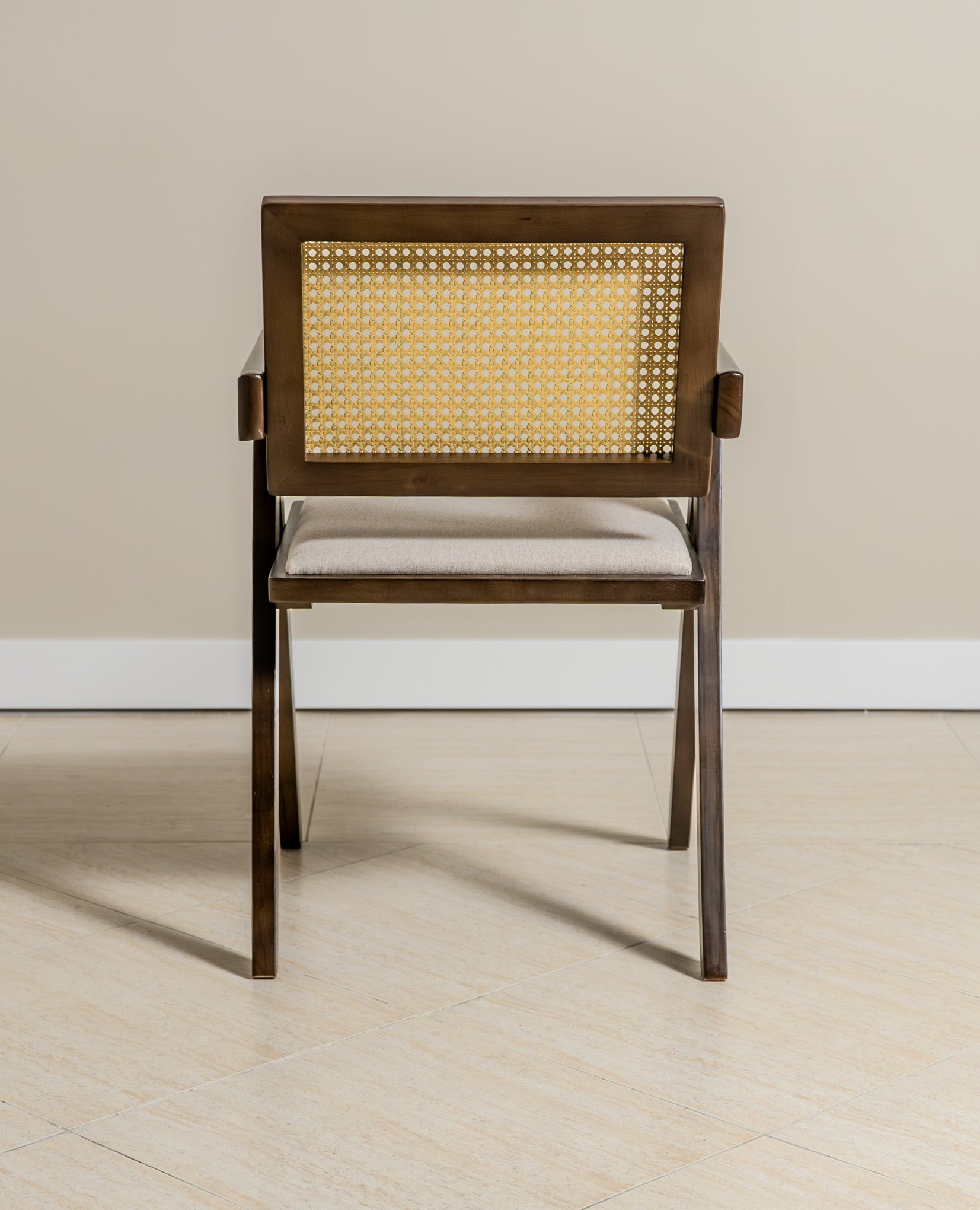 Chiva Rattan & Wood Dining Chair (Chestnut) - Upholstered & Armrests - Marcel Olsen