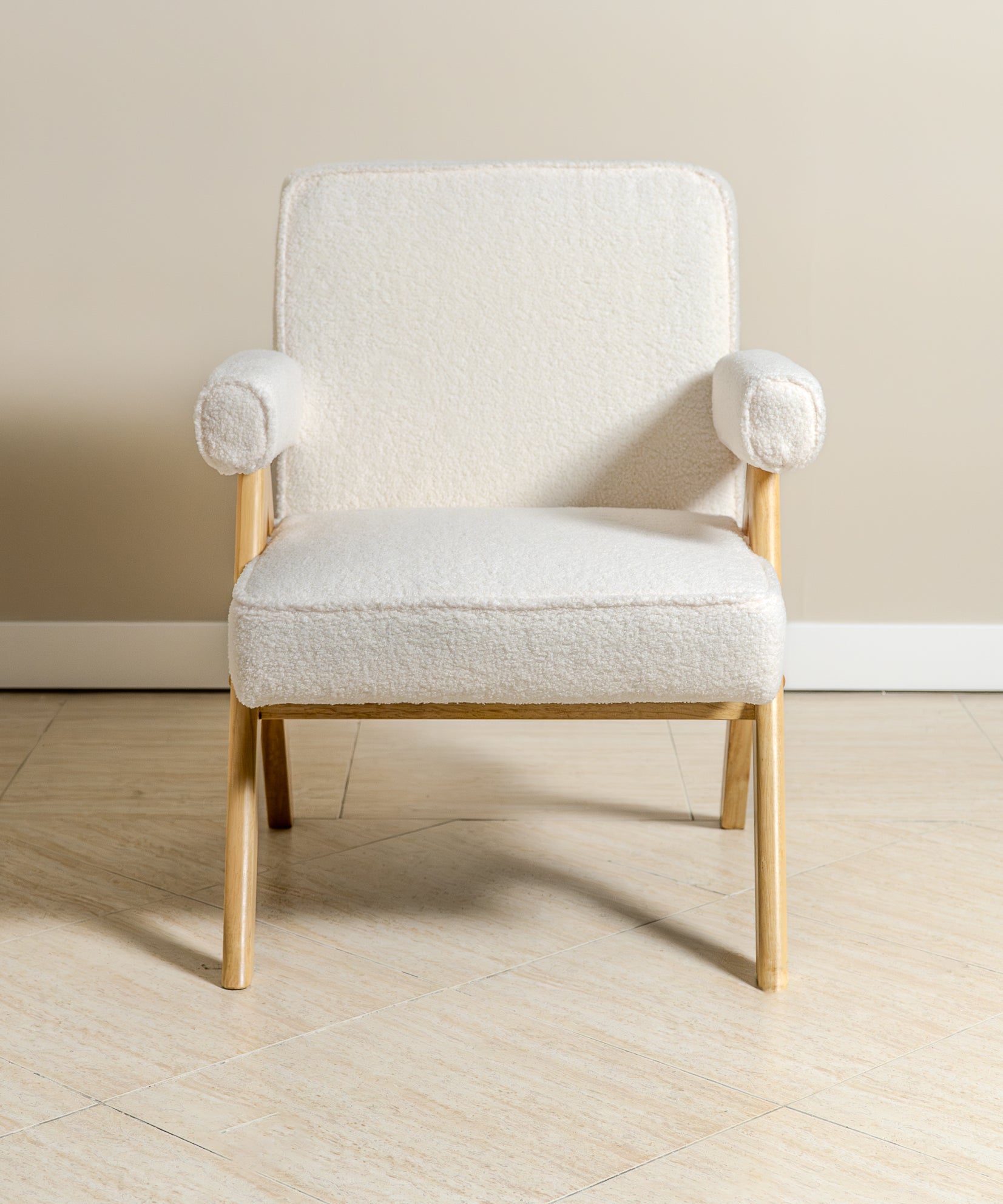 Bascuas Wood & Upholstered Armchair (Bouclé White) - Marcel Olsen