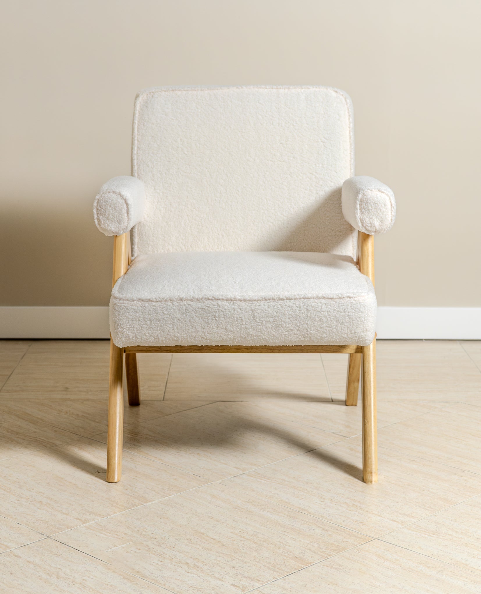 Bascuas Wood & Upholstered Armchair (Bouclé White) - Marcel Olsen