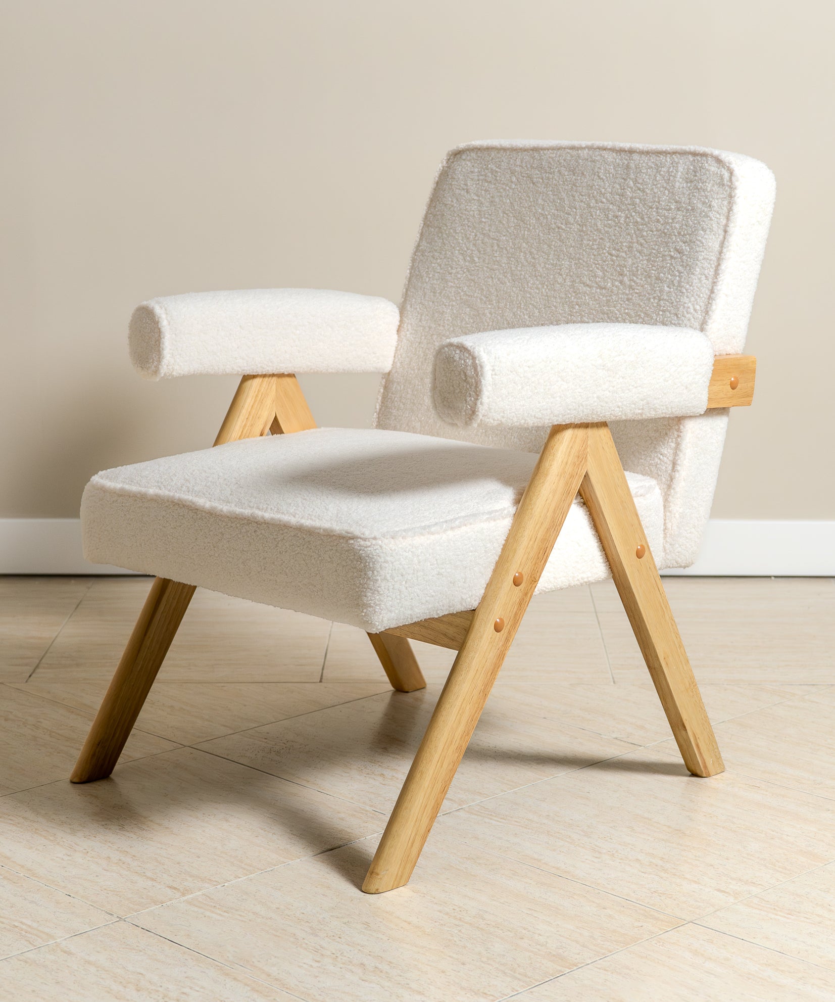 Bascuas Wood & Upholstered Armchair (Bouclé White) - Marcel Olsen