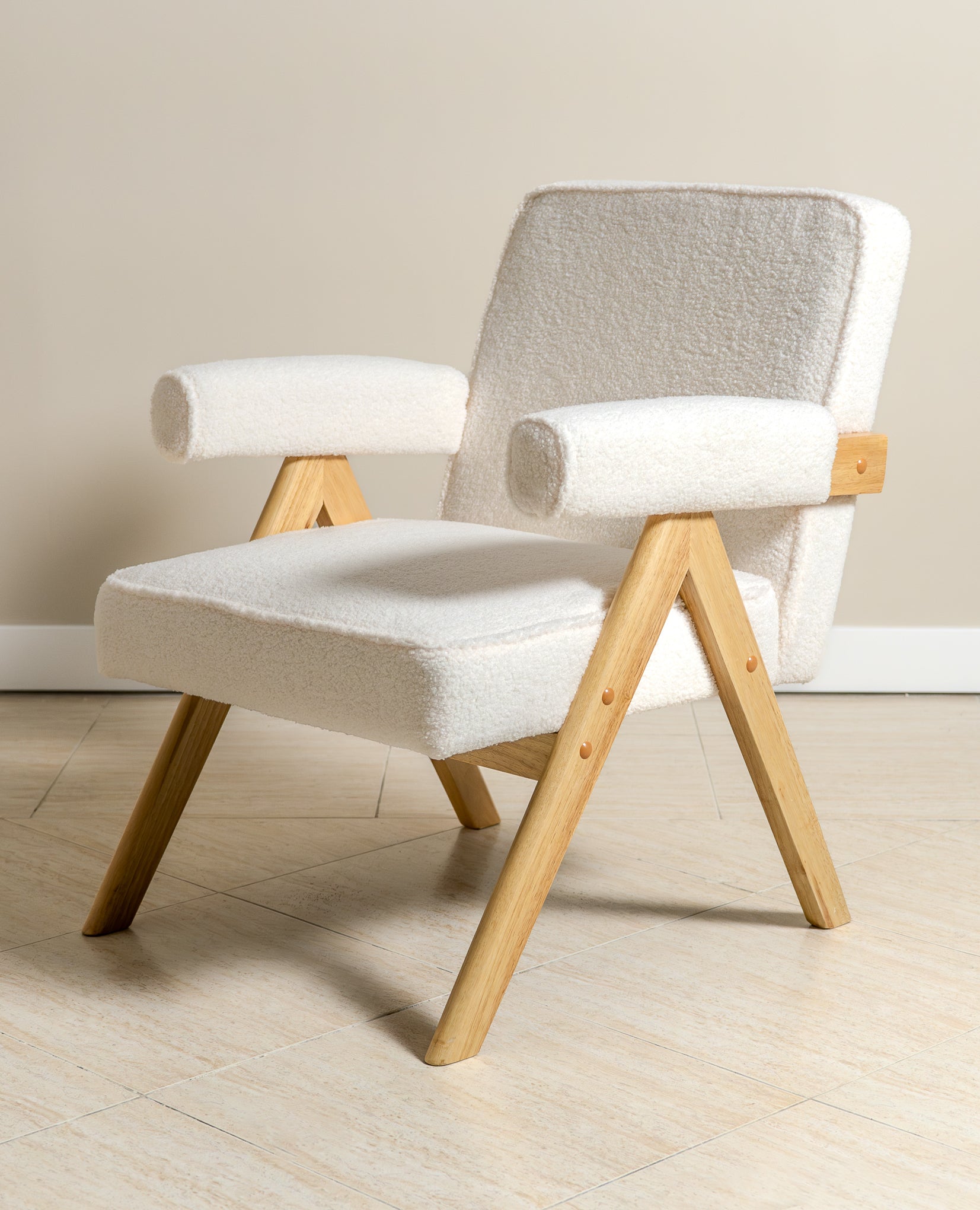 Bascuas Wood & Upholstered Armchair (Bouclé White) - Marcel Olsen