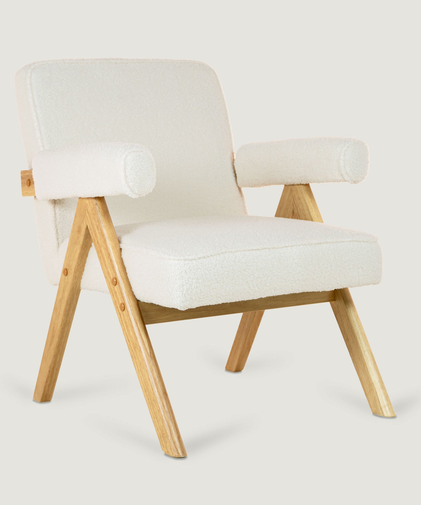 Rustic Wood Armchair in Bouclé (Beige White)     - Marcel Olsen