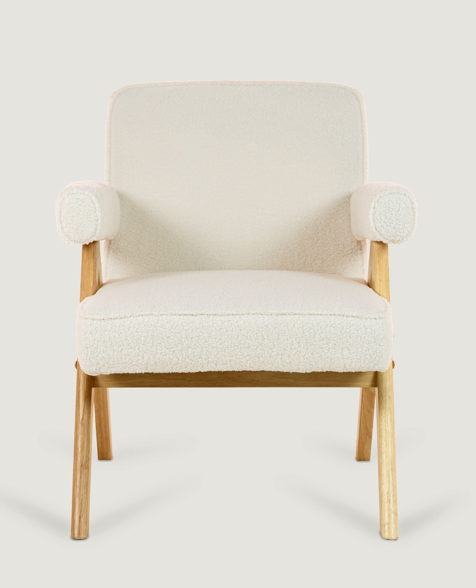 Rustic Wood Armchair in Bouclé (Beige White)     - Marcel Olsen