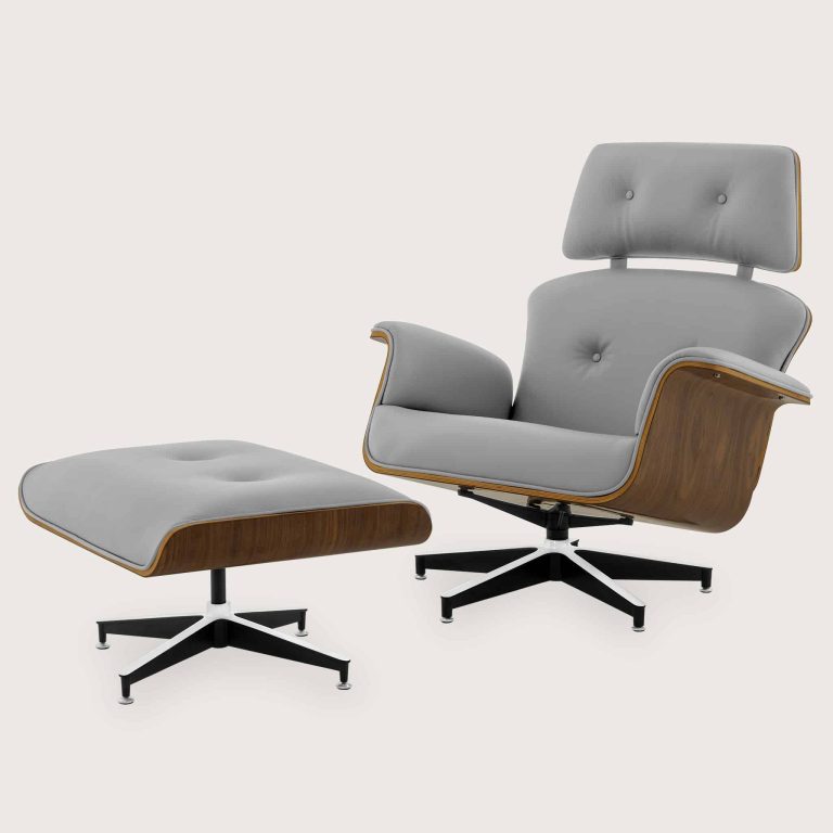 Cement Grey Leather Lounge Chair and Stool 01