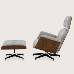 Cement Grey Leather Lounge Chair and Stool 02