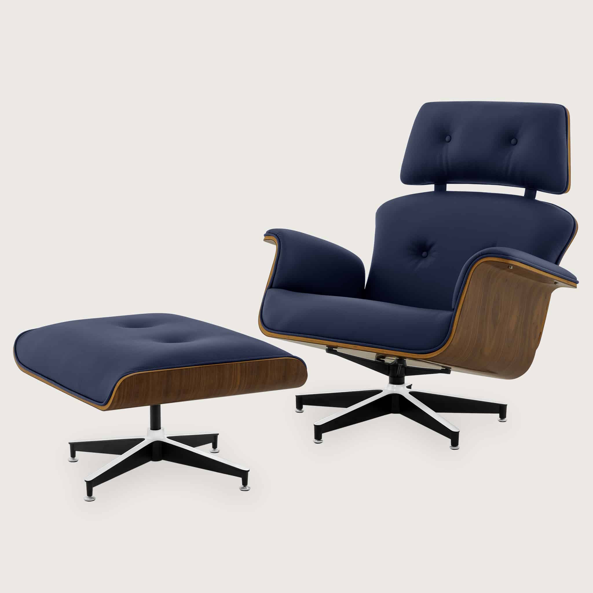 Oxford Blue Leather Lounge Chair and Stool 01