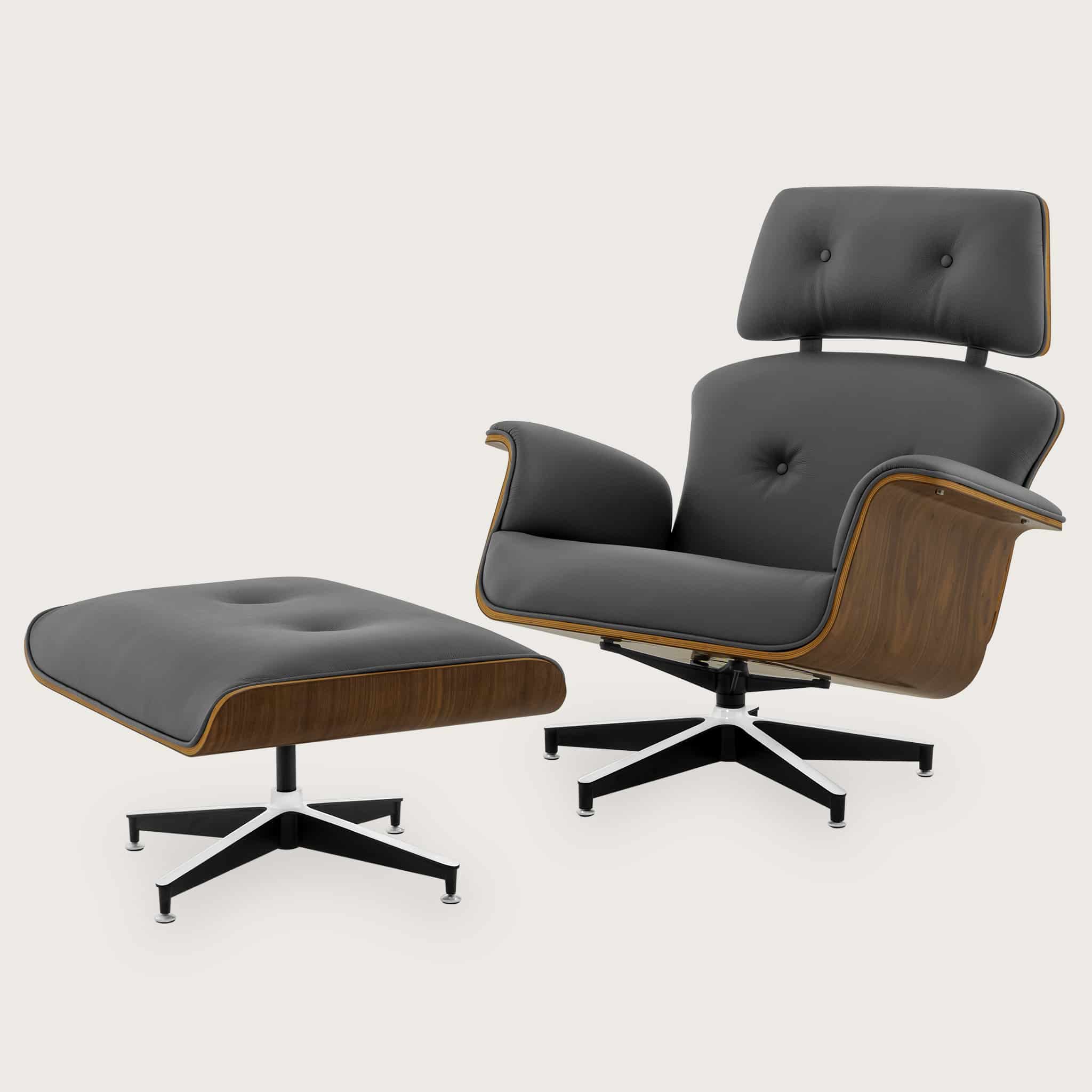 Wayward Grey Leather Lounge Chair and Stool 01